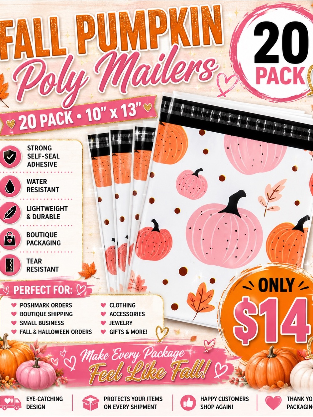 ★ 20 Pink Pumpkin Poly Mailers 10x13 Fall Boutique Shipping Bags